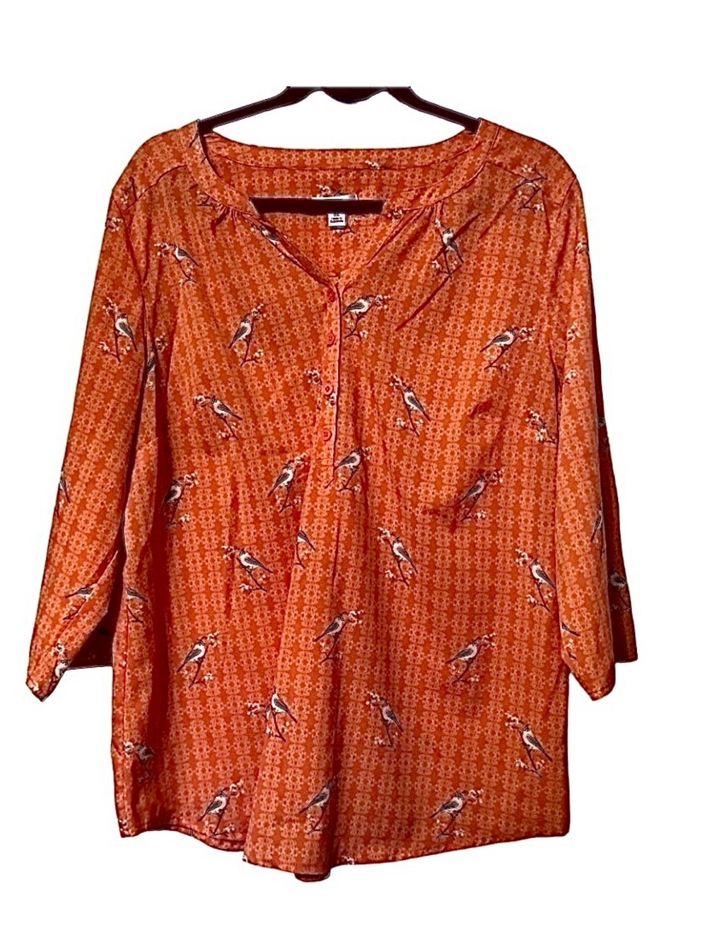 Croft & Barrow ~ Orange Bird Print Split-Neck Blouse